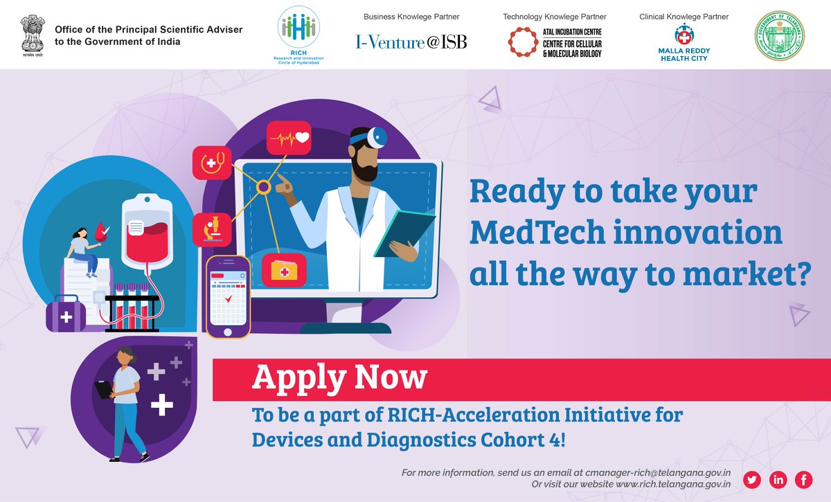 RICH_Hyd's tweet photo. Inviting applications for Cohort 4 of our Acceleration Initiative for Devices and Diagnostics (#RICHAID) programme! If you are an Indian #startup or researcher with a unique innovation in healthcare, diagnostics, or rehabilitation, apply today at: https://t.co/2YIhtd9x4M https://t.co/Nl4LXQUvge