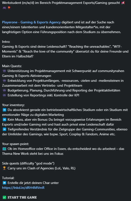 Werkstudent (m/w/d) im Bereich Projektmanagement Esports/Gaming gesucht 📢🎮💥

Interessant für dich: Check das zweite Bild für mehr ℹ️s

⏩ Erstelle dir jetzt deinen Char unter: jobs-brandfit-gruppe.kenjo.io/werkstudent-m-…

✅ 𝐒𝐓𝐀𝐑𝐓 𝐓𝐇𝐄 𝐆𝐀𝐌𝐄