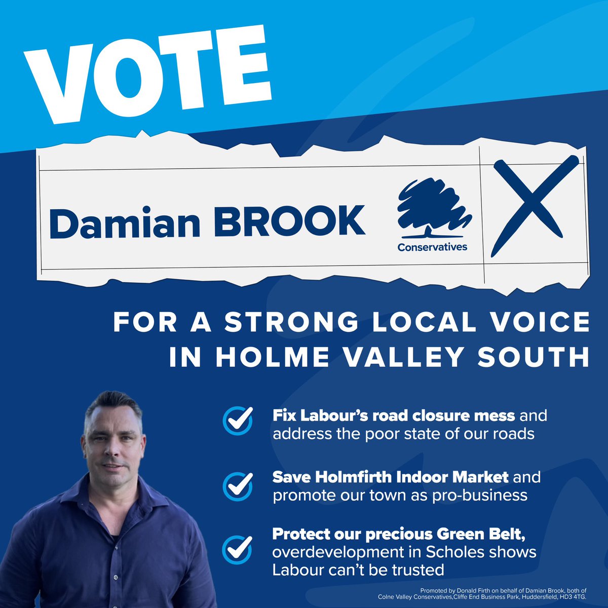 JasonMcCartney's tweet photo. Fed up with Labour run Kirklees? Let’s vote for change and back local Holme Valley South Conservative candidate Damian Brook #Hepworth #CartworthMoor #HadeEdge #Holmbridge #Holme #Holmfirth #JacksonBridge #NewMill #Netherthong #Scholes #Thongsbridge #Upperthong https://t.co/oNGYjQj5J4
