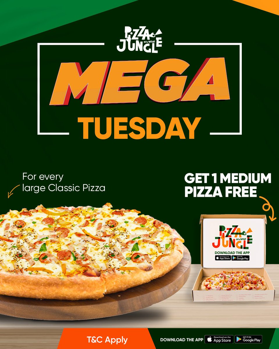 PizzaJungleNG's tweet photo. ππ₯ Double the pizza, double the fun!
Enjoy a Large Pizza and get a Medium Pizza for FREE!
Hurry and order now!
Offer only valid on Tuesdays.
#NigerianPizza #PizzaSpecial #BOGODeal #PizzaParty #PizzaLover #PizzaJungleNG #ItsWild #MegaTuesday https://t.co/d8aQ62RBAE