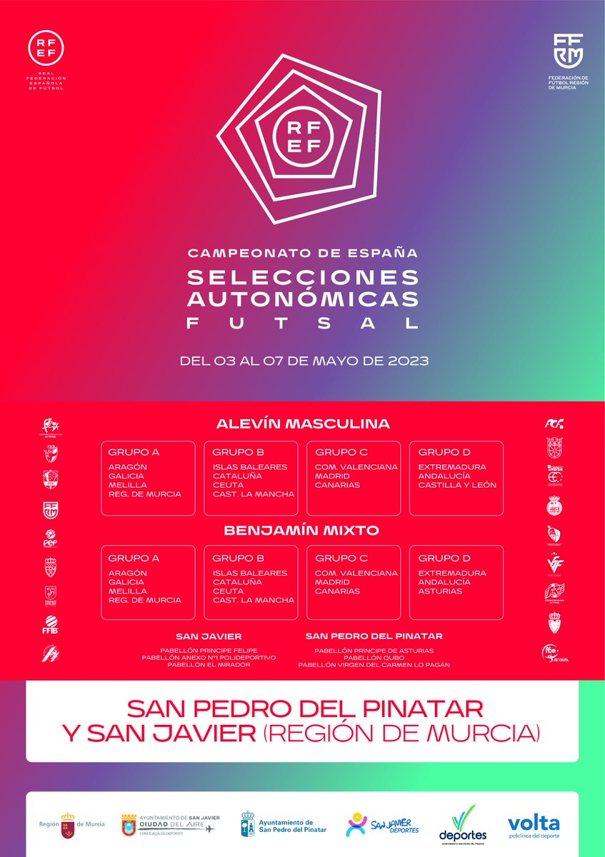 RFAF (@rfaf) on Twitter photo 🥅 Fútbol Sala
🏆 Campeonato de España de selecciones autonómicas <a href="/FutSalRFEF/">Futsal RFEF</a>
🏐Alevín masculino🔄femenino🔄benjamín mixto.
🗓️Del 3 al 7 de mayo.
📍San Pedro del Pinatar y San Javier.
ℹ️ bit.ly/44war3Y
#AndaluzaAlevínFS #AndaluzaAlevínFSF #AndaluzaBenjamínFS 🥅 Fútbol Sala
🏆 Campeonato de España de selecciones autonómicas <a href="/FutSalRFEF/">Futsal RFEF</a>
🏐Alevín masculino🔄femenino🔄benjamín mixto.
🗓️Del 3 al 7 de mayo.
📍San Pedro del Pinatar y San Javier.
ℹ️ bit.ly/44war3Y
#AndaluzaAlevínFS #AndaluzaAlevínFSF #AndaluzaBenjamínFS