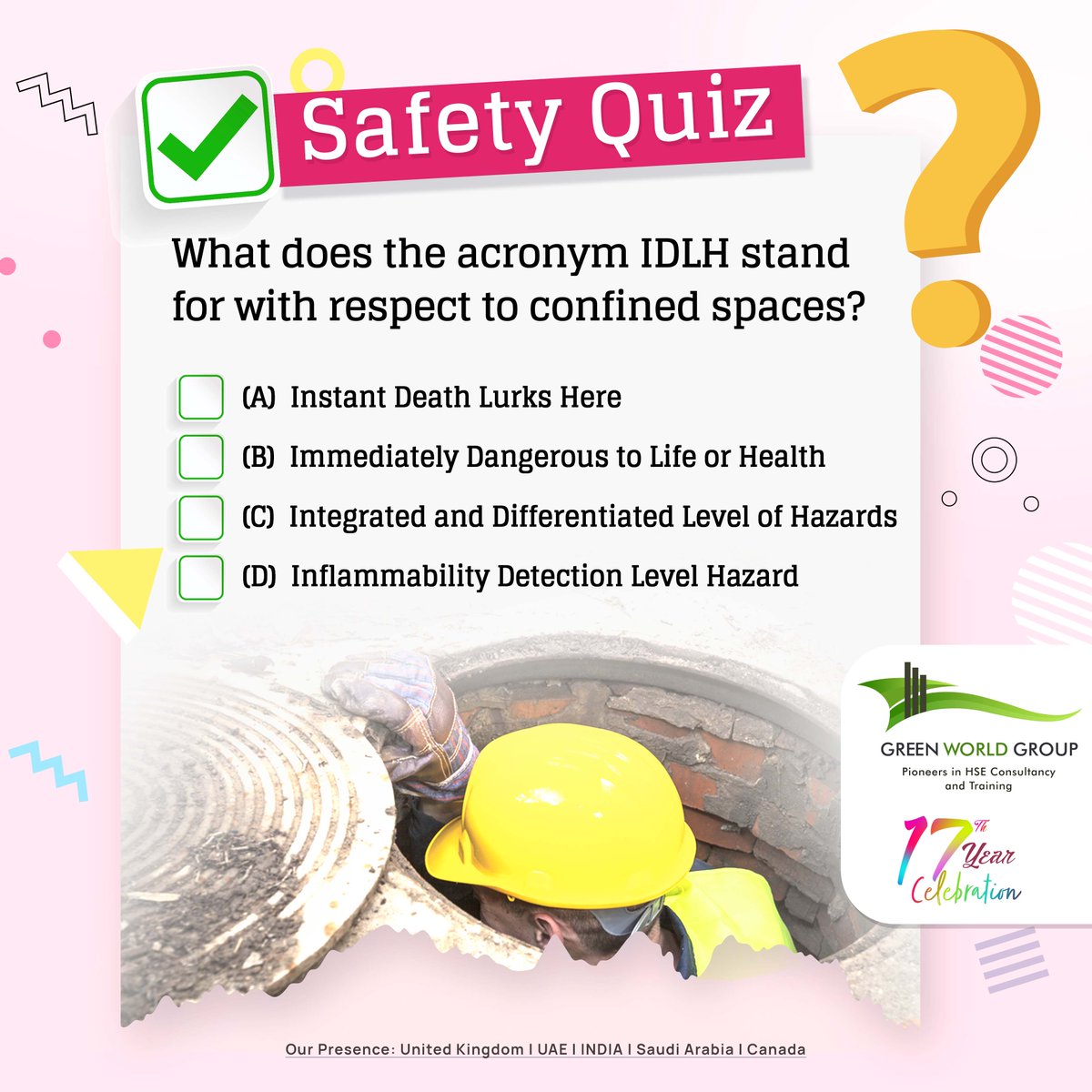 greenwgroup's tweet photo. It's time for a quiz!
Test your Health and Safety knowledge with this Quiz...
For Confined Space Training, Please Visit here: https://t.co/Ukho9Nh6Gf
#GreenWorldGroup #safetyquiz #ConfinedSpace #LeadAuditorCourse #confinedspacetraining #safetyawareness #QuizTime https://t.co/d6vXGukmDn
