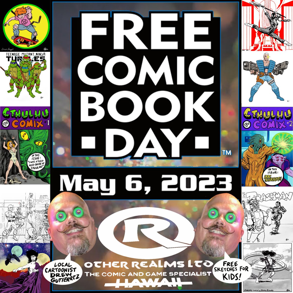Drew90888211's tweet photo. Hey! I'll be at @OtherRealmsLtd in Honolulu Saturday 06MAY, Free Comic Book Day, drawing free sketches for kids from open to 3:30 or whenever I can't take it anymore. @jonjmurakami will be sharing the table with me so bring your money!!! #freecomicbookday2023 #FreeComicBookDay https://t.co/mWvsym4gO5