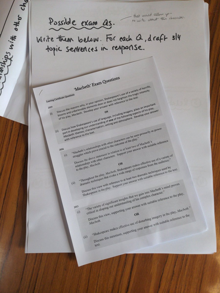 Using the attached to facilitate group revision of #Macbeth with 6th Yr English students. They spend 20mins on one character. 3 characters revised over the double class, and topic sentences in response to exam Qs completed for h/w. #edchatie