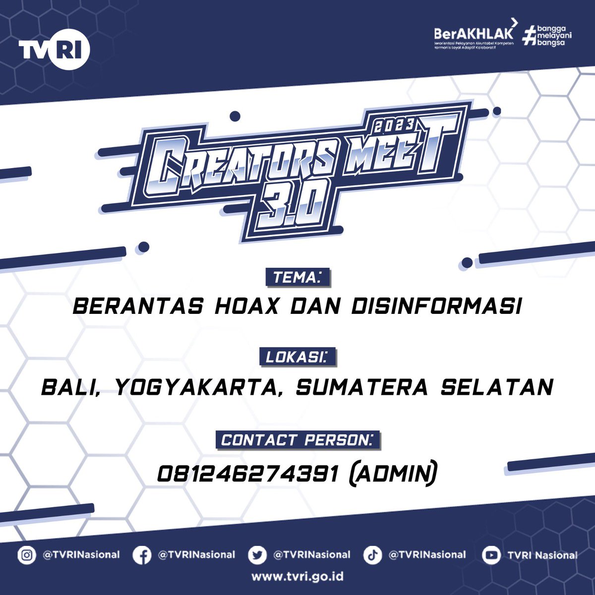 TVRINasional's tweet photo. Hai para konten kreator berbakat, TVRI buka kesempatan buat kamu yang mau ikutan Creators Meet sebagai ajang kompetisi video kreatif kalian nih. Tunggu apa lagi coba??
Link formulir ada di Bio Instagram yaa 🥰😊
https://t.co/3CtxJqwnVO
#TVRI #CreatorsMeetvol3 #CreatorsMeet https://t.co/XbqMKayLpG