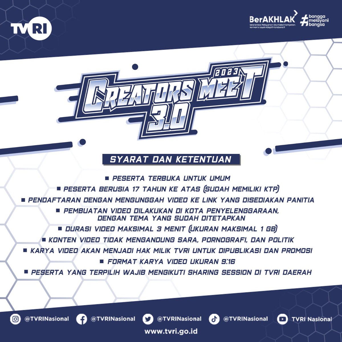 TVRINasional's tweet photo. Hai para konten kreator berbakat, TVRI buka kesempatan buat kamu yang mau ikutan Creators Meet sebagai ajang kompetisi video kreatif kalian nih. Tunggu apa lagi coba??
Link formulir ada di Bio Instagram yaa 🥰😊
https://t.co/3CtxJqwnVO
#TVRI #CreatorsMeetvol3 #CreatorsMeet https://t.co/XbqMKayLpG