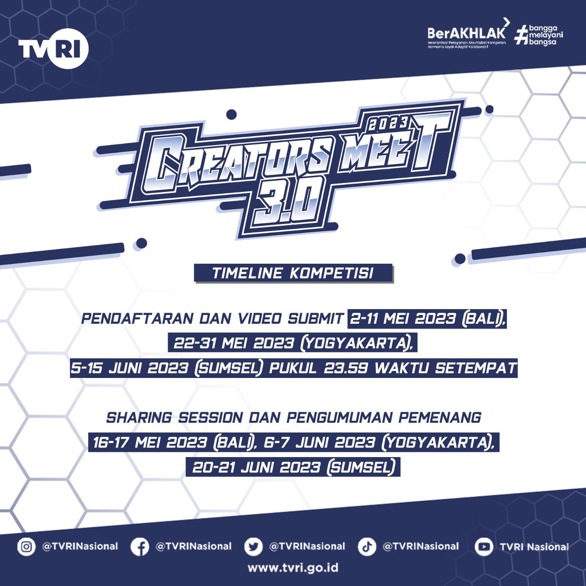 TVRINasional's tweet photo. Hai para konten kreator berbakat, TVRI buka kesempatan buat kamu yang mau ikutan Creators Meet sebagai ajang kompetisi video kreatif kalian nih. Tunggu apa lagi coba??
Link formulir ada di Bio Instagram yaa 🥰😊
https://t.co/3CtxJqwnVO
#TVRI #CreatorsMeetvol3 #CreatorsMeet https://t.co/XbqMKayLpG