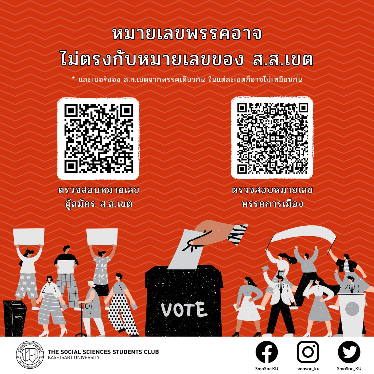 SmoSoc_KU's tweet photo. ❗️#เลือกตั้ง66 มีอะไรควรรู้บ้าง ❗️📣

เลือกตั้งล่วงหน้า 7 พฤษภาคม 2566
เลือกตั้งพร้อมกันทั่วประเทศ 14 พฤษภาคม 2566

✨สามารถตรวจสอบรายชื่อผู้��มัคร ส.ส เขต หมายเลขพรรคการเมือง และยังสามารถตรวจสอบสิทธิเลือกตั้งได้ใน QR Code

#SMOSOCKU #SMOSOCKU66 #SOCKU #สังคมศาสตร์ #ทีมเกษตร https://t.co/1vRZ0yNFpw