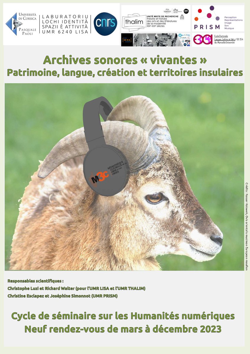 umrlisa's tweet photo. 📣Venez participer le jeudi 4 mai au cycle de séminaire "Archives sonores"vivantes" Patrimoine, langue, création et territoires insulaires" à partir de 9h30 en salle immersive (UMR LISA).

↪️https://t.co/NX9w3WmXiu

#umrlisa #Univcorse #inshs #dr12_cnrs #archivessonores https://t.co/KaM4HNMbLZ