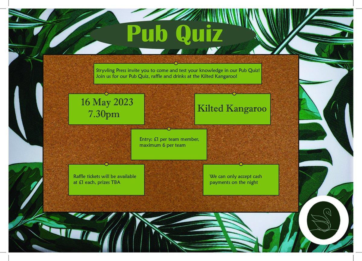 Great news! A chance to get in touch with the Stryvling Press authors! We're hosting a Pub Quiz at Kilted Kangaroo on May 16 at 7:30 pm! Come and join us! Feel free to come with your friends! Have a great night! (Details in the picture)