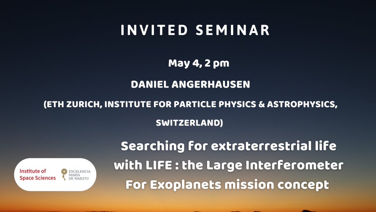 Daniel Angerhausen (<a href="/dan_anger/">Daniel Angerhausen 👽</a>), from <a href="/ETH/">ETH Zürich</a>, will be at the institute this week and he will give 2⃣ online seminars:

💠Professional Communication in Academia 101
💠Searching for extraterrestrial life with <a href="/LIFE_Telescope/">LIFE Space Mission</a> 

📅 May 4 at 11 am and 2 pm

👉 youtube.com/@ice_csic/feat…