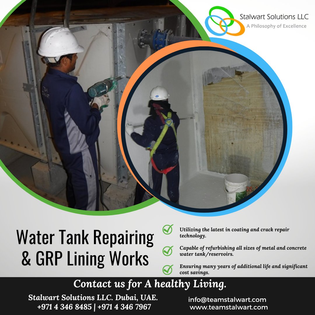 WATER TANK REPAIR WORKS & GRP Lining
teamstalwart.com
Stalwart Solutions LLC.
Dubai, UAE.
+971 4 346 8485 | +971 4 346 7967
info@teamstalwart.com
#Stalwart #watertankcleaning #WaterTankRepair #grplining #dubai #WaterTankLeakage #watertankcleaningservice #leakageproof