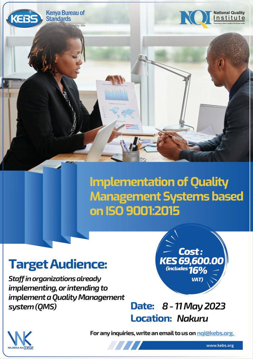KEBS_ke's tweet image. Quality is an integral element in the production of any good or service. @KEBS_ke offers training on how you can implement the #QualityManagementSystem within your organization. To participate in the training, write an email to nqi@kebs.org.
#StandardsForQualityLife
