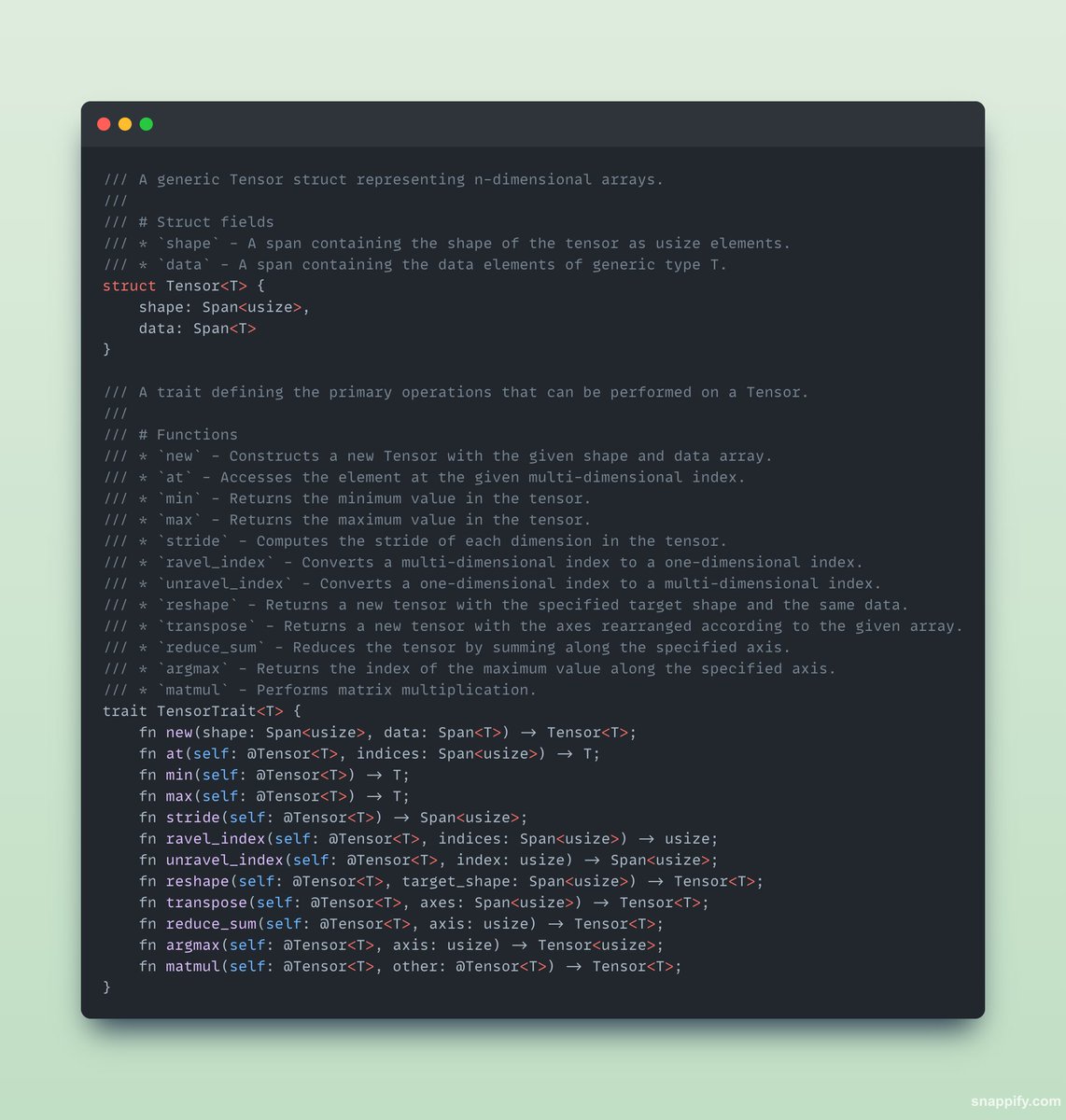 raphael_dkhn's tweet photo. Multidimensional arrays in Cairo 1.0 🧵

Let me introduce you to the Tensor type. A generic Tensor struct representing n-dimensional arrays. 

And the Tensor trait defining the primary operations that can be performed on a Tensor. https://t.co/536Orz8iaR