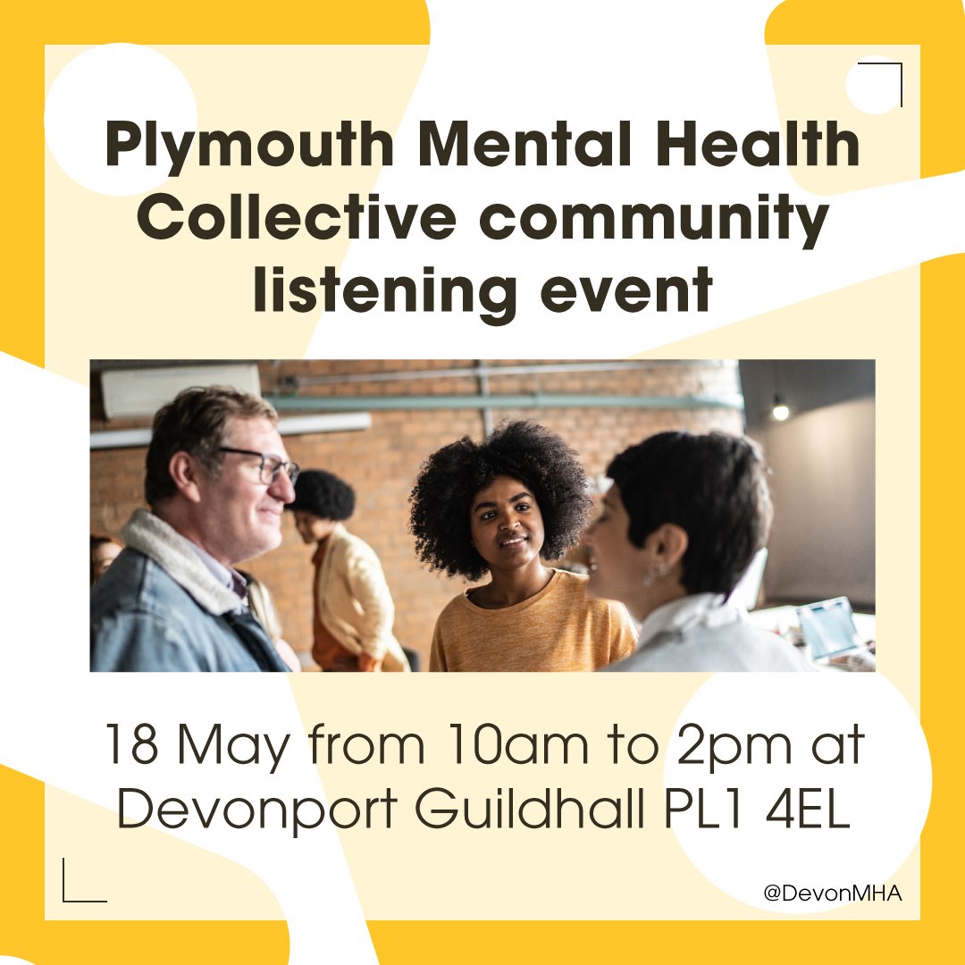 The <a href="/PlymouthMHN/">PMHN</a> is relaunching soon as the Plymouth Mental Health Collective. To find out more about the group and have your say on its future, please sign up to our community listening event.

18 May 2023, 10am—2pm @ Devonport Guildhall

Book your place: loom.ly/OPfgegM