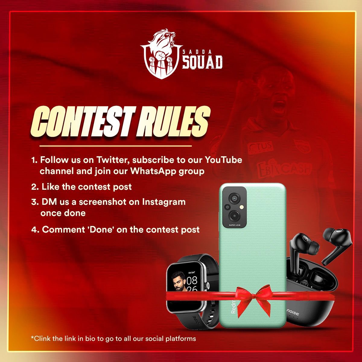 Let the #contest begin!
Here's a list of things we've got for the winners:
1 Redmi smartphone
5 Noise wireless earbuds
5 Noise smartwatch 
4 Amazon Vouchers worth ₹500