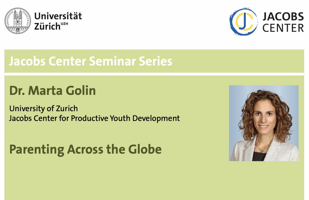 Don't miss out on the upcoming talk at the Jacobs Center for Productive Youth Development on 'Parenting Across the Globe' by Dr. @MartaGolin (@econ_uzh and @JacobscenterUZH). Join us at Andreasstrasse 15, 8050 Zurich, AND 4.06 (4th floor) on Friday, May 5, 2023 at 10:15 am.