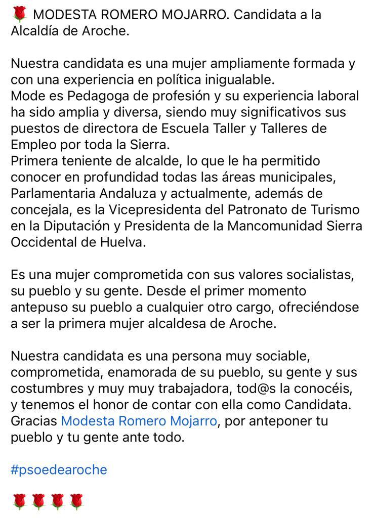 psoe_aroche's tweet photo. ¡Muy buenos días! Finalizamos la presentación de nuestra candidatura a través de las redes sociales. 

🌹 MODESTA ROMERO MOJARRO. Candidata a la Alcaldía de Aroche. https://t.co/DLd6NfASnr