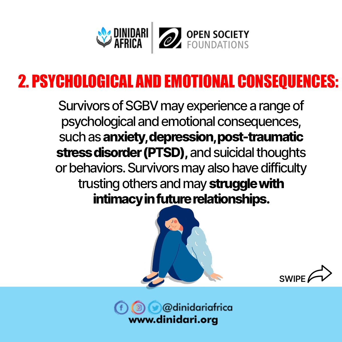 The physical and psychological impact of sexual and gender-based violence (SGBV) on survivors is devastating and long-lasting. 

It can cause physical injuries, emotional trauma, and mental health disorders. 

#EndSGBV #SupportAndHealing #MentalHealthAwareness