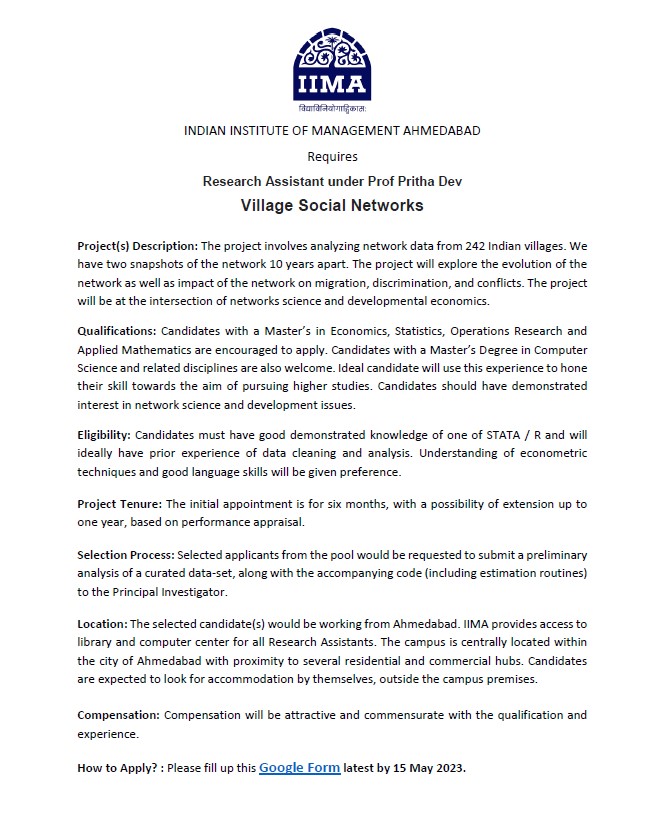 ateconoiima's tweet photo. 🚨RA opening at @IIMA🚨 Prof @PrithaDes is working on interesting research problems that uses pan-India village-level social networks and survey data. Very useful as a Pre-doc, especially for those  looking to work on Soc. Networks, Dev. Econ, Pol. Econ. and Gender. https://t.co/53b8j1u2nb