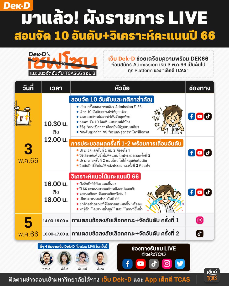 lataedekd's tweet photo. พรุ่งนี้! เว็บ Dek-D จะมี LIVE เซฟโซน #dek66 สอนจัด 10 อันดับ Admission และวิเคราะห์แนวโน้มคะแนน รอติดตามตามตารางนี้ได้เลยครับ #TCAS66 https://t.co/2jcDA68oPl