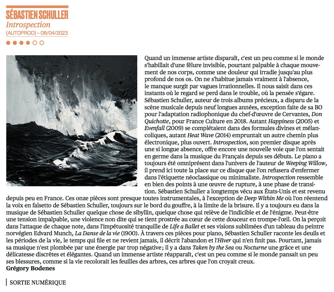 sebschuller's tweet image. “Introspection” dans l’hebdo de Magic #54 !
Chronique très touchante de Grégory Bodenes, Merci !!!
(Il y a toujours eu dans la musique de Sébastien Schuller quelque chose de sibyllin, quelque chose qui relève de l'indicible....)

#magicrpm #sebastienschuller #introspection