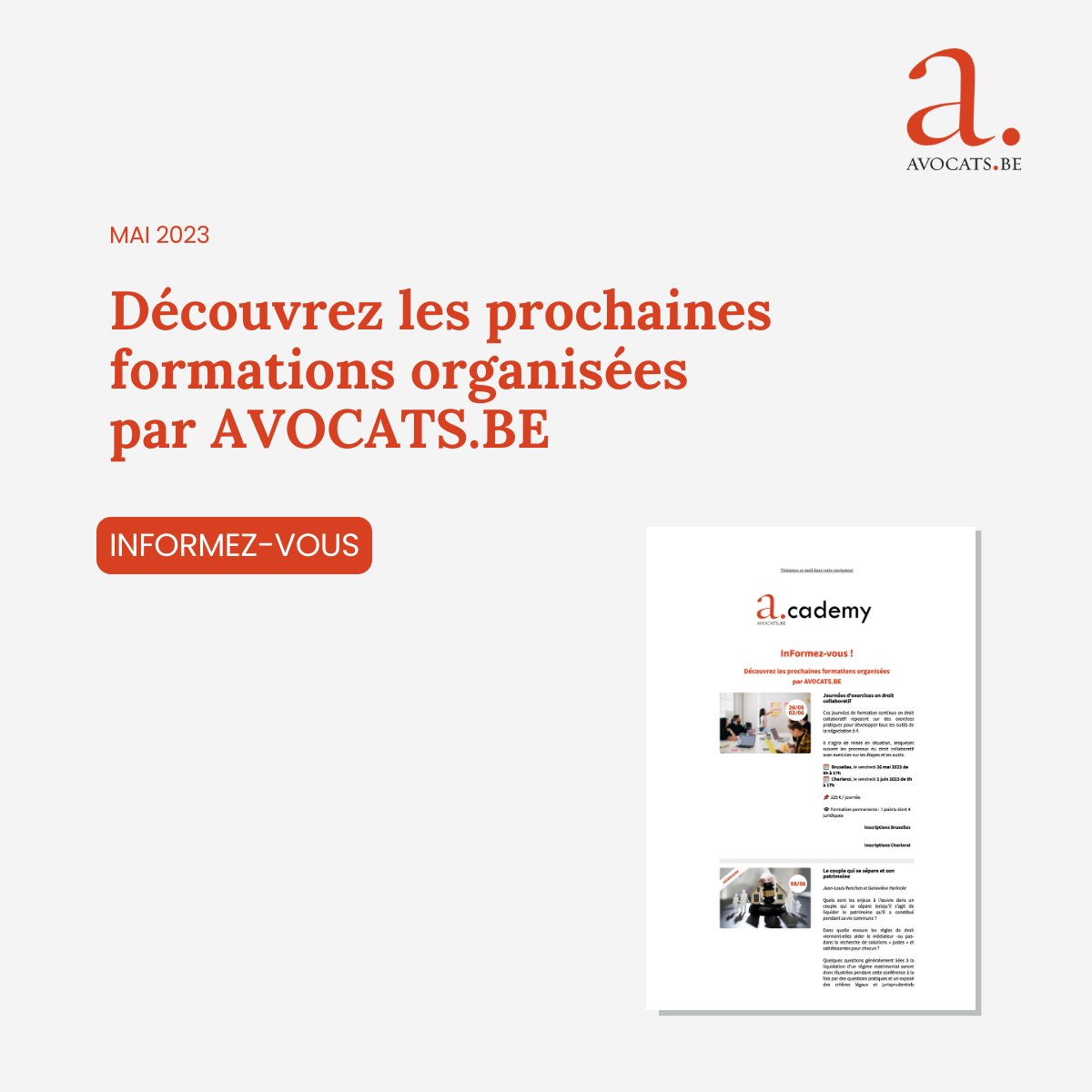 [FORMATIONS] Découvrez l'agenda de nos prochaines formations !
👉 mailchi.mp/avocats.be/inf…