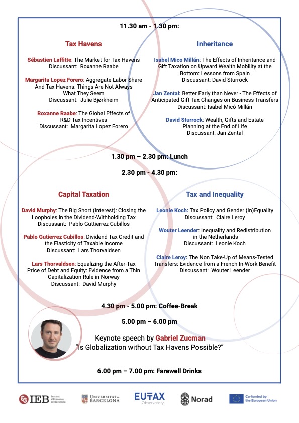 EU Tax Observatory (@taxobservatory) on Twitter photo 🚨 EVENT | Workshop on the Economics of Taxation
🗓 31 May - 1 June 2023 | 8.30 am - 6 pm (CET)
📍 <a href="/UniBarcelona/">Universitat de Barcelona</a>
📰 12 sessions
👥 36 speakers
🗣️ 2 keynotes: @annette_als & <a href="/gabriel_zucman/">Gabriel Zucman</a>
More information here 👇
cutt.ly/the-economics-… 🚨 EVENT | Workshop on the Economics of Taxation
🗓 31 May - 1 June 2023 | 8.30 am - 6 pm (CET)
📍 <a href="/UniBarcelona/">Universitat de Barcelona</a>
📰 12 sessions
👥 36 speakers
🗣️ 2 keynotes: @annette_als & <a href="/gabriel_zucman/">Gabriel Zucman</a>
More information here 👇
cutt.ly/the-economics-…