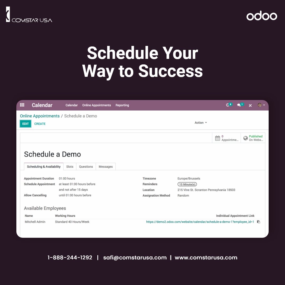 comstar_usa's tweet image. Make scheduling appointments a breeze with Odoo&apos;s appointment scheduling module. Try it out today!

#odooappoitment #appointmentmodule #appoitmentmanagement #appointmentswithodoo #managemeetings #freeodoodemo #odoopartnerUSA

1-888-244-1292
safi@comstarusa.com