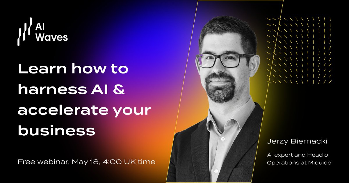 miquido's tweet image. Save the date! 📅 On May 18, join AI expert Jerzy Biernacki to learn how GenAI can boost your business. This live webinar will provide practical hints and insights on harnessing AI and ChatGPT.

Register now 👉 hubs.la/Q01M-b1J0  

#AIWaves #GenAI #ChatGPT #business