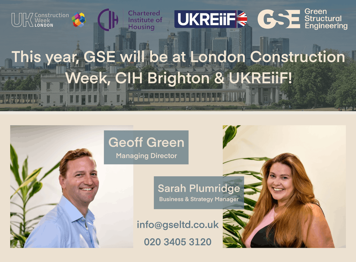 GreenStructEng's tweet photo. Green Structural Engineering is excited to announce its upcoming attendance at several property events across the UK.
We will be attending UK Construction Week, UKREiiF & CIH Brighton!
#GreenStructuralEngineering #PropertyNetworking #LondonConstructionWeek #UKREIIF #CIHBrighton https://t.co/kfXe4wceHh