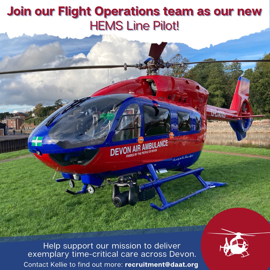 DevonAirAmb's tweet image. VACANCY - HEMS Line Pilot
We are seeking a candidate who is qualified and current in H-145 and/or H-135. You will have experience within HEMS or similar, and hold a UK CAA APTL (H)/CPL (H). To find out more, visit our website daat.org/hems-line-pilo…
#Pilot #HEMS #HEMSPilot
