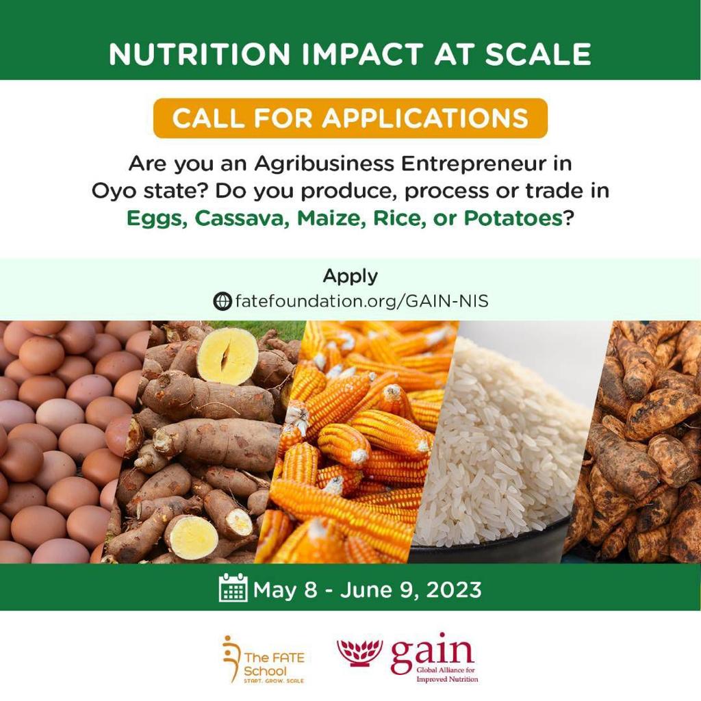 Registration ends tomorrow!

Are you an Agribusiness Entrepreneur resident in Oyo State with portfolio in Poultry Eggs, Maize, Cassava, Rice and Potato production. 

If yes, then this is an opportunity to join the first cohort of the  Nutrition Impact at Scale (NIS) Programme.
