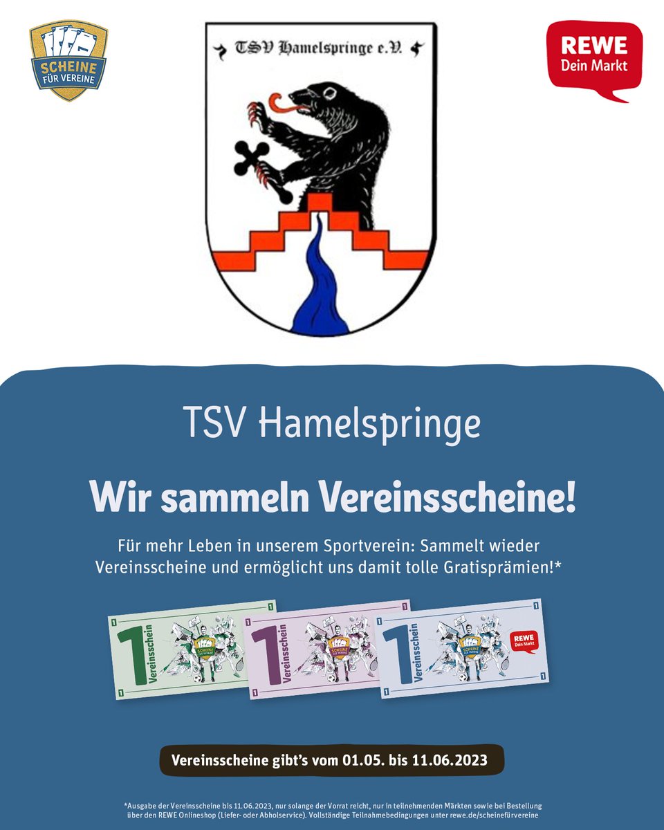 Rewe – “Scheine für Vereine” geht wieder los  Das große Sammeln geht wieder los!  Wir hoffen zusammen auf viele Scheine von euch.
scheinefuervereine.rewe.de/verein/1000000…

#rewe #scheinefürvereine #tsvh #tsvhamelspringe #sammeln #hamelspringe