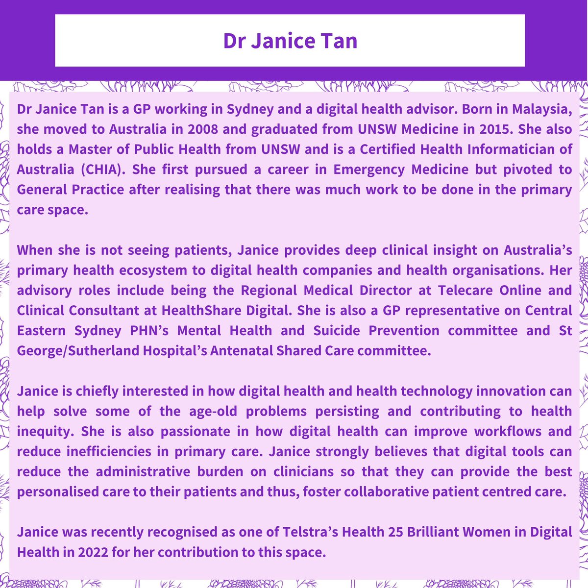 ✨DOCTOR SPOTLIGHT✨: Dr Janice Tan! 💜 We love hearing about the wide range of journeys and interests of medical women across the state! Know another medical woman in NSW we should profile? Let us know! 🤩