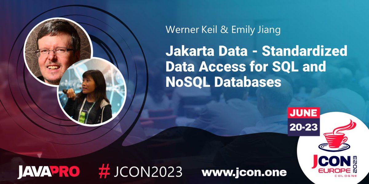 jcon_conference's tweet photo. See @wernerkeil &amp; @emilyfhjiang at #JCON2023 in Cologne talks about 'Jakarta Data - Standardized Data Access for #SQL &amp; #NoSQL #Databases'

The amount of data collected by applications nowadays is growing rapidly…

Get your  free #JUG Ticket: https://t.co/wTLeI3tIE9

#JakartaEE https://t.co/0NzEblb8dH