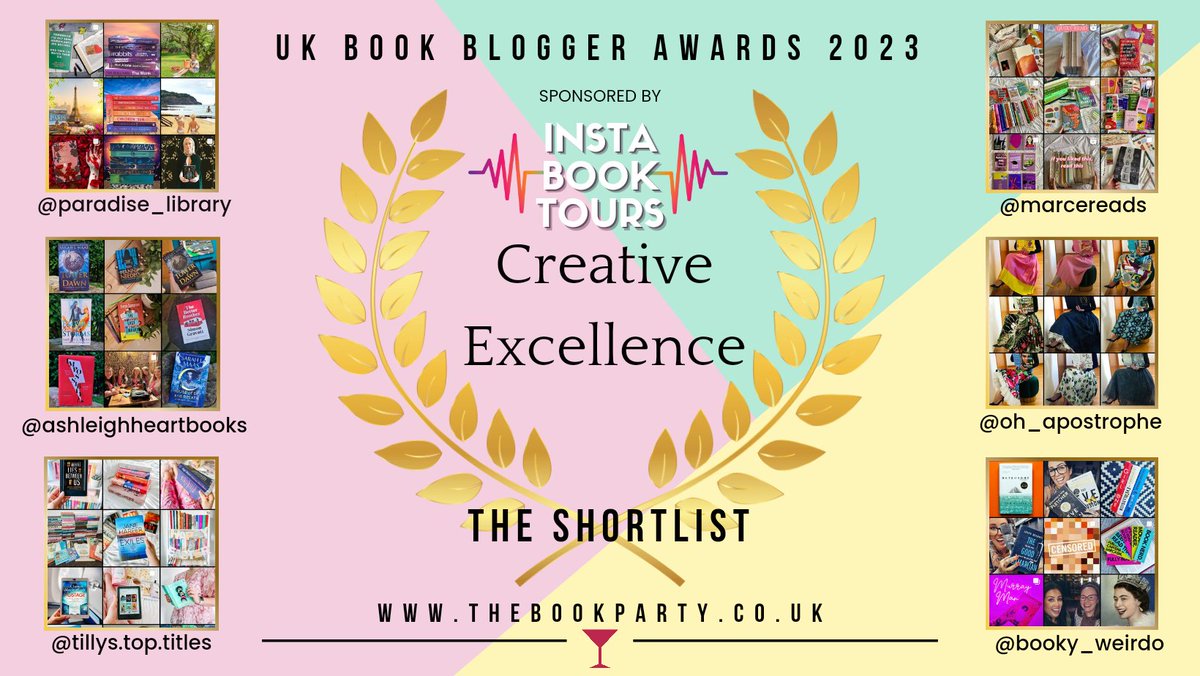 Shortlist time! After thousands of public votes, here are the top 6 #bookbloggers that have made the shortlist for the #ukbookbloggeraward in Creative Excellence, Sponsored by @instabooktours Congratulations everyone! The winner will be announced at #thebookparty in July!