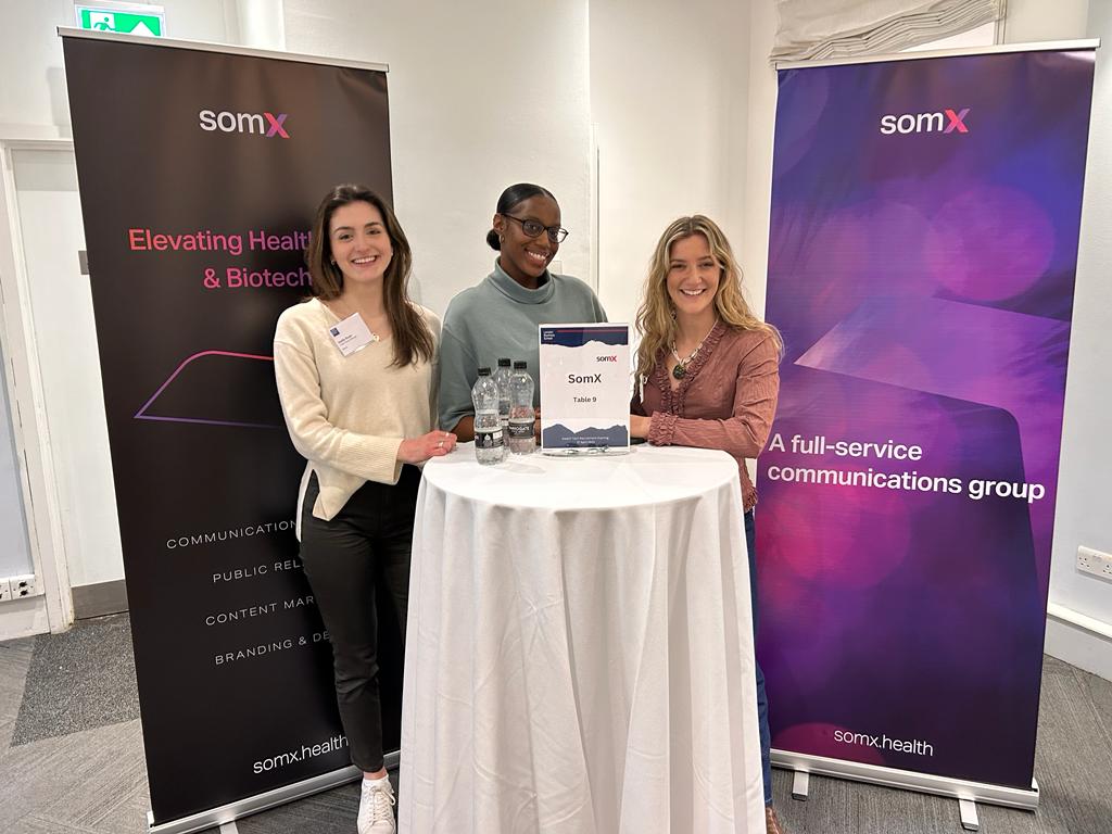 somXhealthtech's tweet photo. Last week, Adama, Hollie and Indi headed to @londonbschool to talk about careers in #healthtech.

They had a great day chatting to LBS students about the healthtech industry, and what a role in #marketing involves – spoiler: it's busy but fulfilling and very fun!

#somx https://t.co/jz9lvQRQ7o