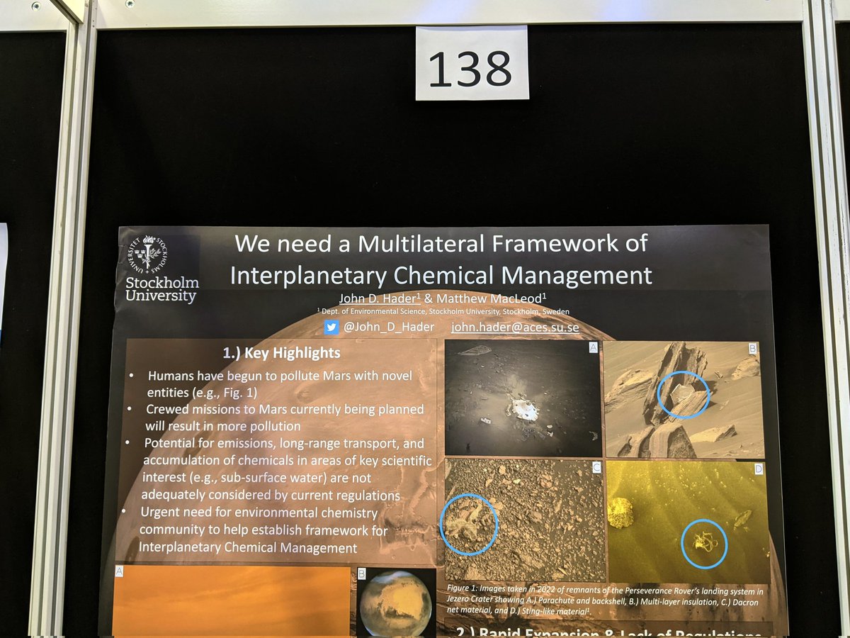 Earth isn't the only planet humans are polluting! 🌍🚀🪐

I'll be presenting a "Science Slam" today at #SETACDublin (16:45 Liffey B) on the need to develop Interplanetary Chemical Management. 

You can take an orbit by our poster on the topic today too 😉 (#138) <a href="/MattMacL/">Matthew MacLeod</a>