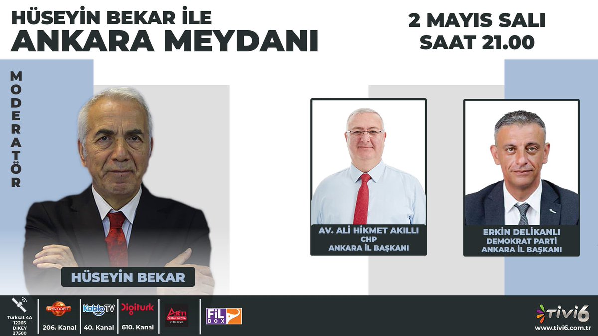 Bugün Saat 21:00’de Tivi 6’da “Hüseyin Bekar ile Ankara Meydanı” programına İl Başkanımız <a href="/erkindelikanli/">Erkin Delikanlı</a> ve #Milletİttifakı paydaşımız CHP Ankara İl Başkanı <a href="/AliHikmetAkilli/">Av. Ali Hikmet AKILLI</a> konuk olacaktır. Gündem ve seçime dair konuların konuşulacağı programı izlemenizi tavsiye ederiz.