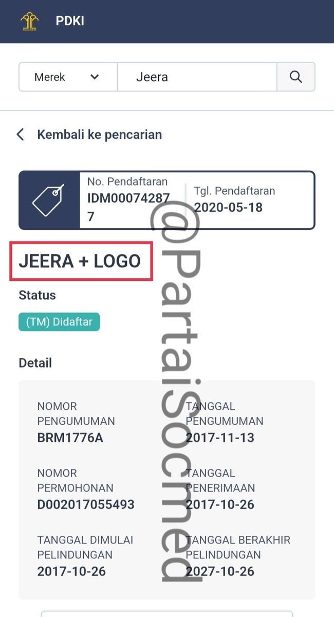 PartaiSocmed's tweet photo. Mau bantah apalagi Pak Yasonna Laoly? Ini lho pendaftaran merek dagang air mineral Jeera saja atas nama putra Bapak, Yemitama Laoly. Pendaftaran merek dagang di Kemenkumham juga kan? 
Ini linknya: https://t.co/VPwGdJag37 

Cc: Pak @jokowi https://t.co/xHKV5HGzR2
