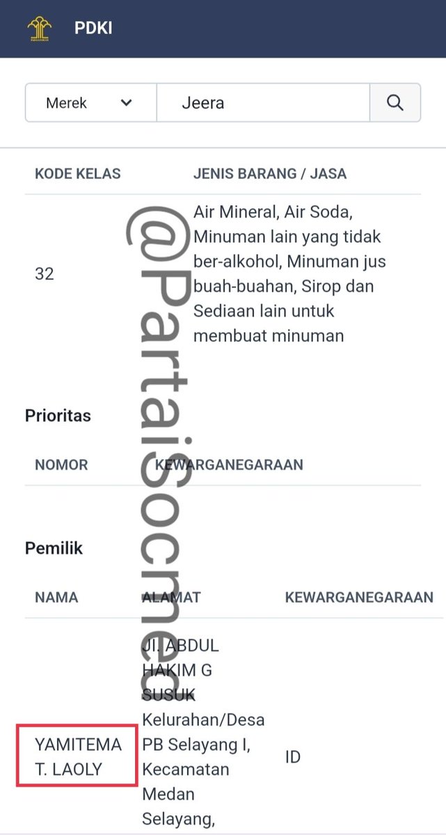 Mau bantah apalagi Pak Yasonna Laoly? Ini lho pendaftaran merek dagang air mineral Jeera saja atas nama putra Bapak, Yemitama Laoly. Pendaftaran merek dagang di Kemenkumham juga kan? 
Ini linknya: pdki-indonesia.dgip.go.id/detail/J002017… 

Cc: Pak <a href="/jokowi/">Joko Widodo</a>