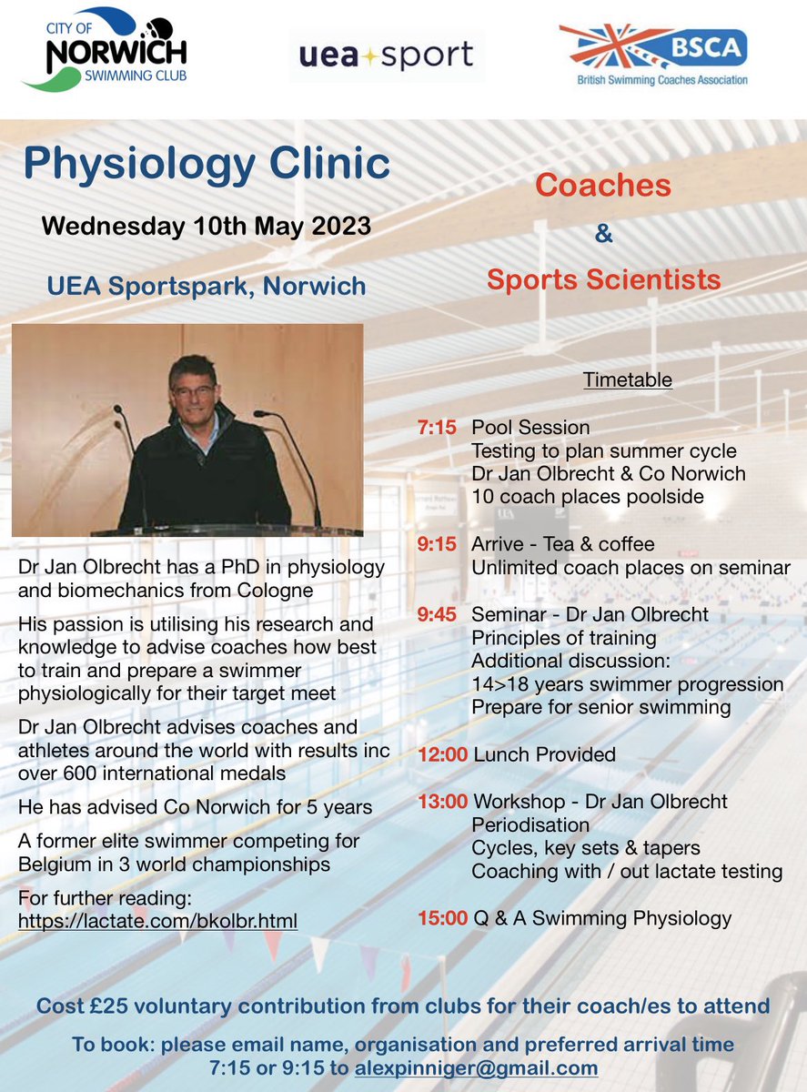 This is a fantastic opportunity with <a href="/cityofnorwichsc/">City of Norwich SC</a> for coaches &amp; sports scientist to come along to an amazing physiology clinic with the incredible Dr Jan Olbrecht….

To join us on Wednesday 10th May email alexpinniger@gmail.com