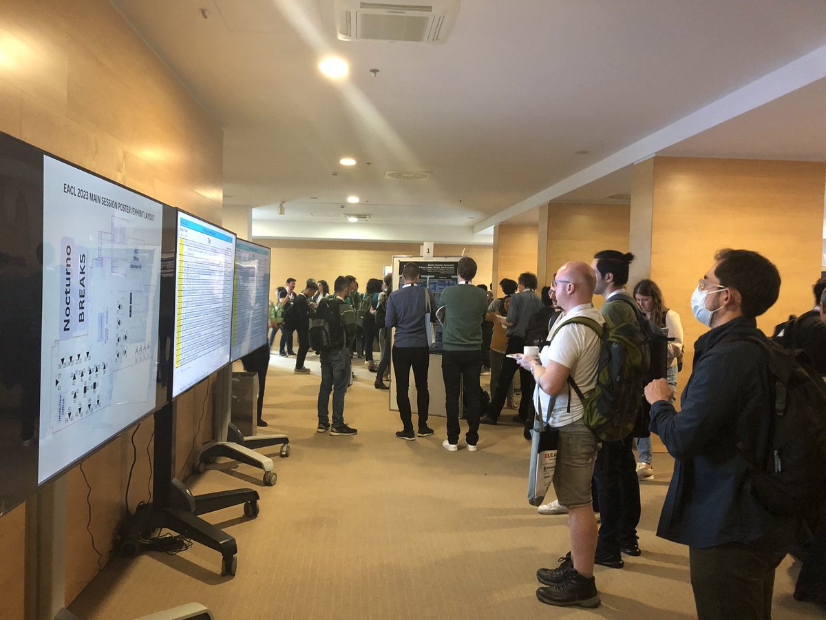 IAugenstein's tweet image. First #eacl2023 poster session in progress. Make sure to check the info screens if you’re looking for a specific poster.
#NLProc