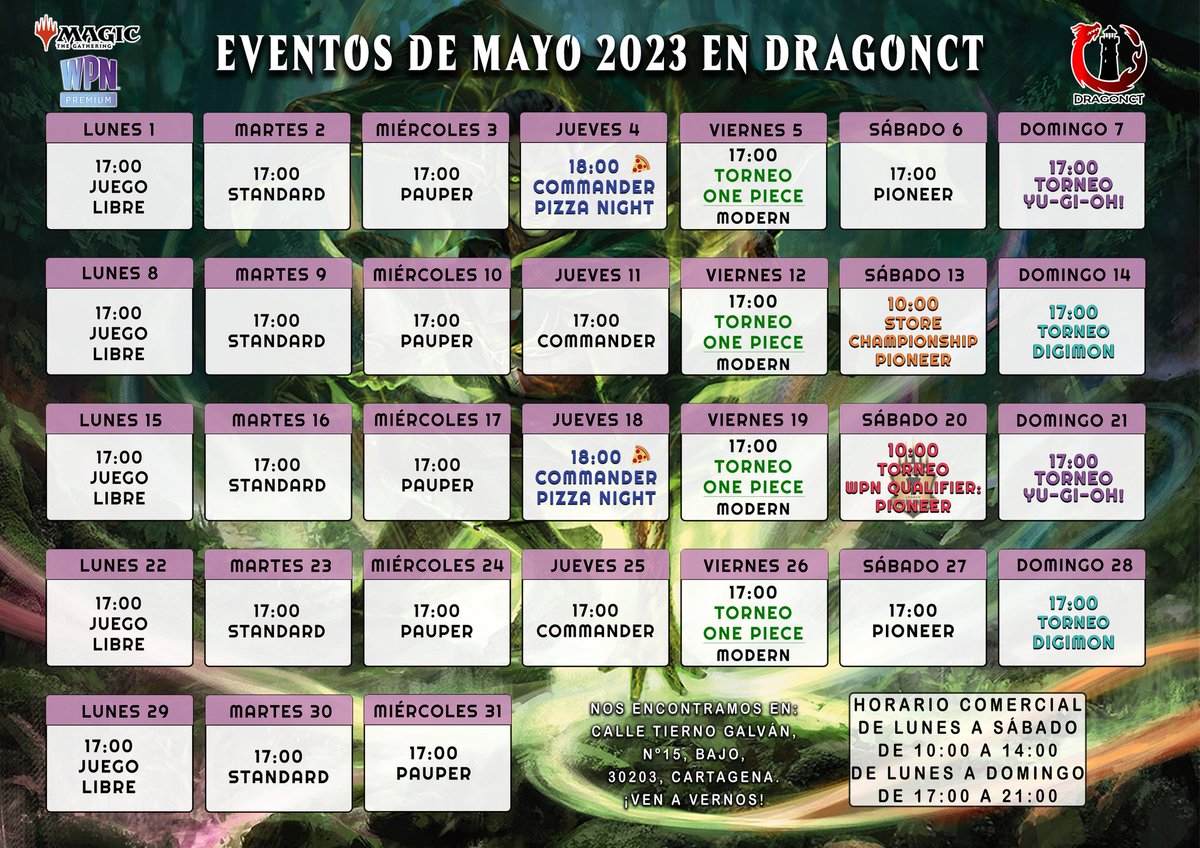 dragonctstore's tweet photo. Os dejamos nuestro calendario de eventos de este mes de Mayo 🌼
¡Ven a vernos! 🧙✨
#DRAGONCT #MTG #yugiohtcg #OnePieceTCG #digimontcg https://t.co/AlyrdxpH2d