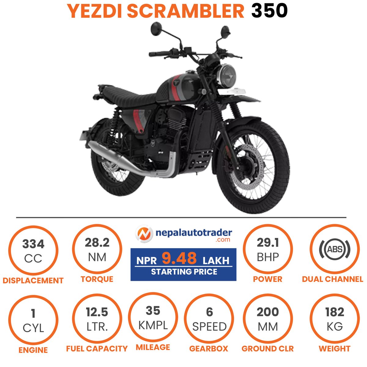 Yezdi Scrambler Quick Specifications. #Autonews #AutonewsNepal #Bikes #BikesNepal #YezdiBikes #YezdiNepal #YezdiScrambler #YezdiScrambler350 #Nepalautotrader