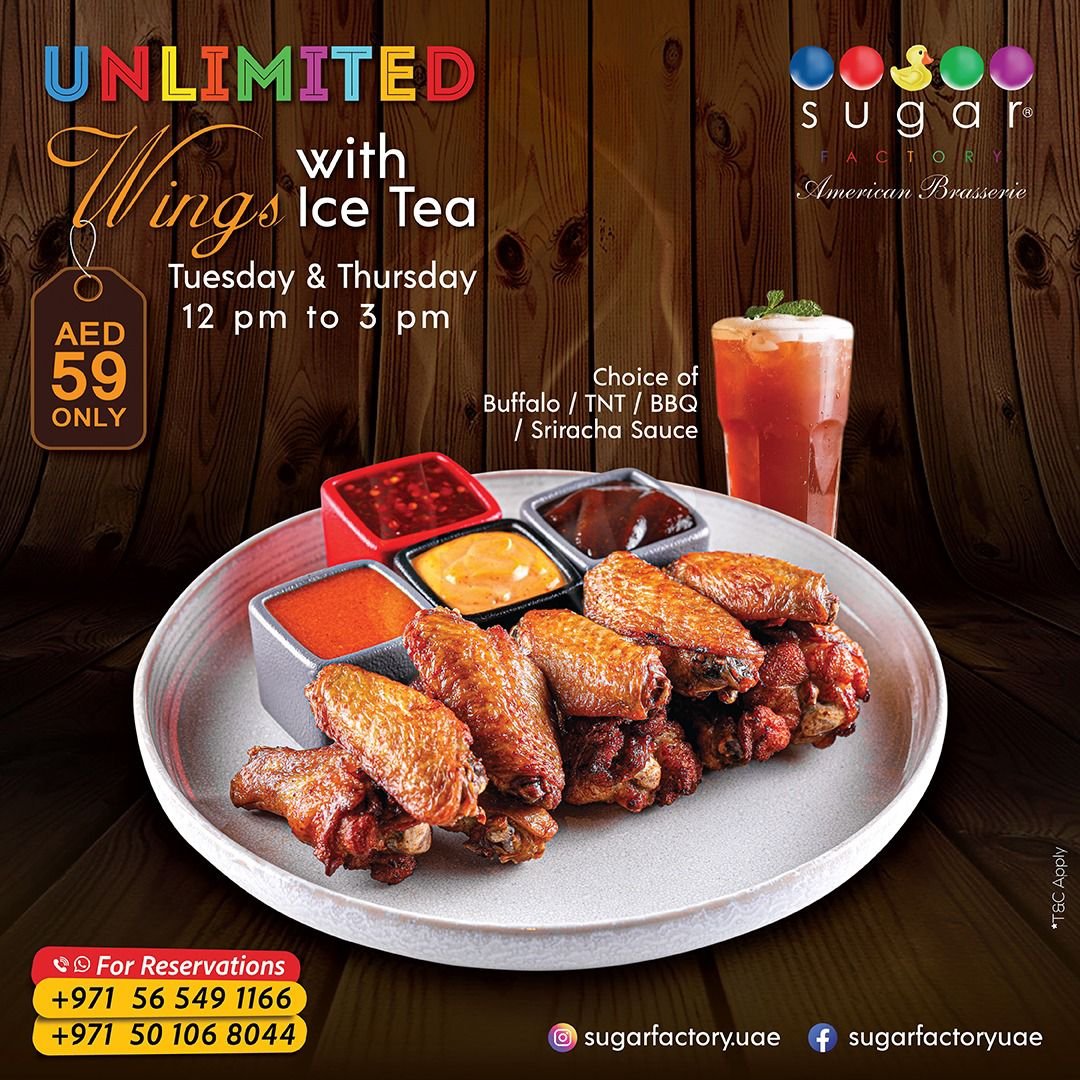 sugarfactoryuae's tweet photo. Don't limit your love for chicken wings.
Enjoy unlimited Chicken wings at Sugar factory with Ice tea and satisfy your cravings
Offer valid on all Tuesday &amp; Thursday from 12 pm to 3 pm
Call us for reservation: 0565491166
#unlimitedwings #sugarfactory #sugarfactoryuae #dubai https://t.co/EVrZAptrEh