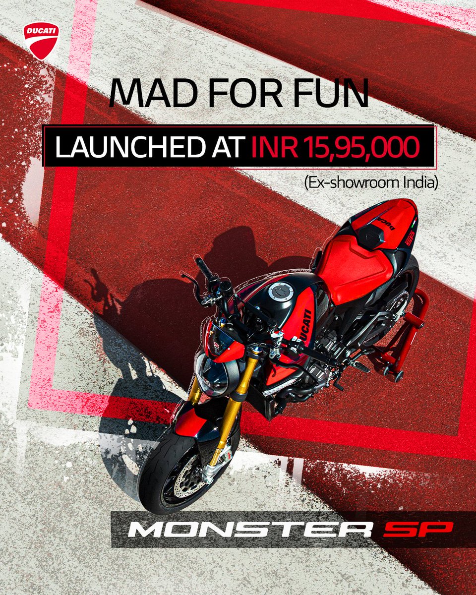 Ducati_India's tweet photo. The all-new Monster SP is now available in India with prices starting at ₹ 15,95,000 (Ex-showroom India).
#Ducati #Monster #DucatiMonster #MonsterSP #MadForFun https://t.co/uCHjy7vOBl