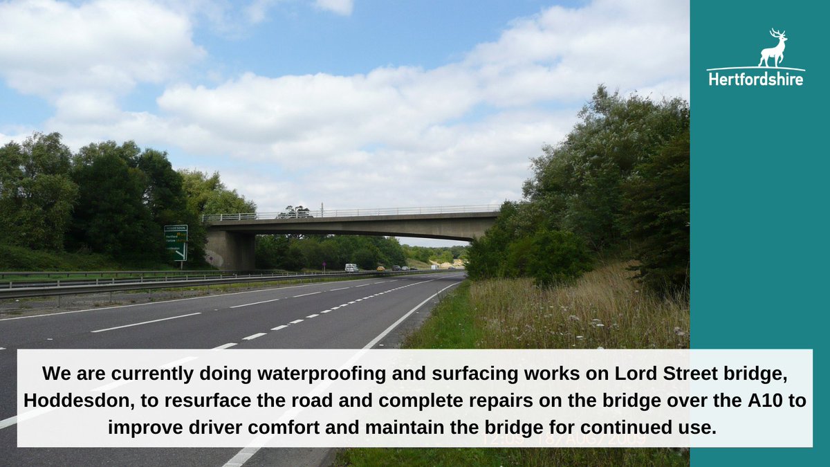 We are currently doing waterproofing and surfacing works on #LordStreet bridge, #Hoddesdon to resurface the road and complete repairs on the bridge over the A10 to improve driver comfort and maintain the bridge for continued use. More info: bit.ly/3zZ98MR