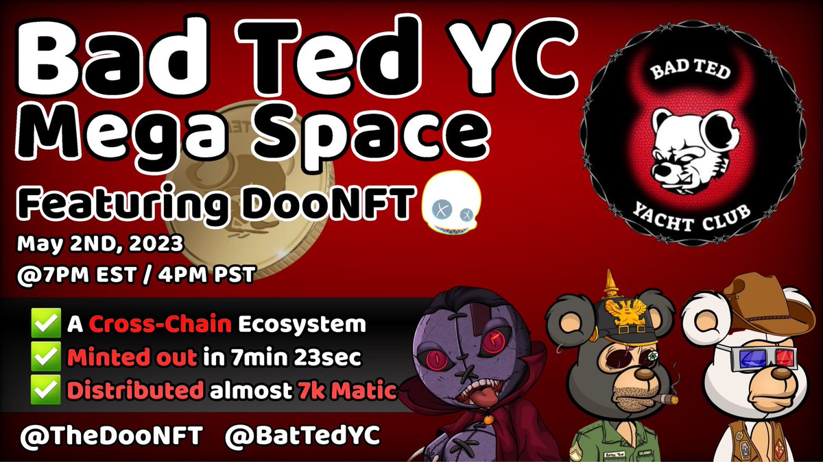 TheDooNFT's tweet photo. Feeling baaaaddd? ๐
Don't worry, we've got just the thing!
Join us May 2nd at 7pm EST for the @BadTedYC MEGA SPACE! ๐
You don't want to cuddle these Ted's. ๐ป Discover new communities and enjoy the purple wave. ๐
See you there! #BadTedYC #MegaSpace #LWYS #Polygon https://t.co/rgZS0hr0SN